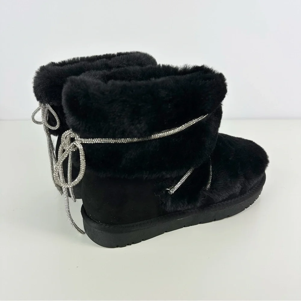 AZALEA WANG Retrograde Alina Black Faux Fur Moon Boots Rhinestone Laces NEW